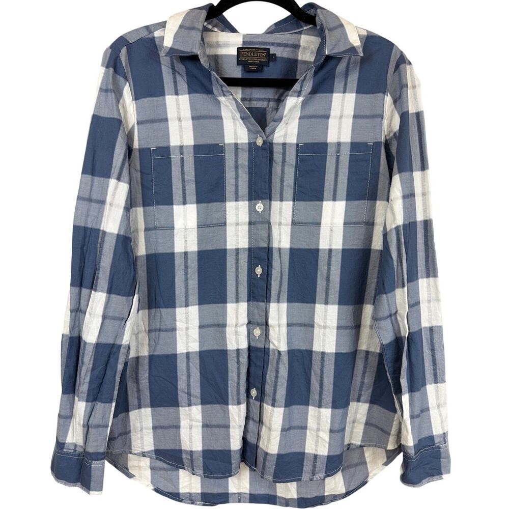 Pendleton Blue White Plaid Cotton Button Down Long Sleeve Chest Pocket Shirt